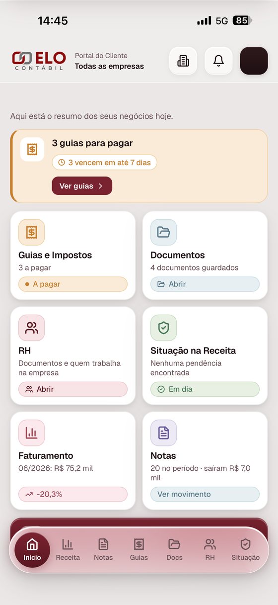 Tela inicial do aplicativo Elo Contábil: guias a pagar, documentos, RH, situação na Receita, faturamento e notas